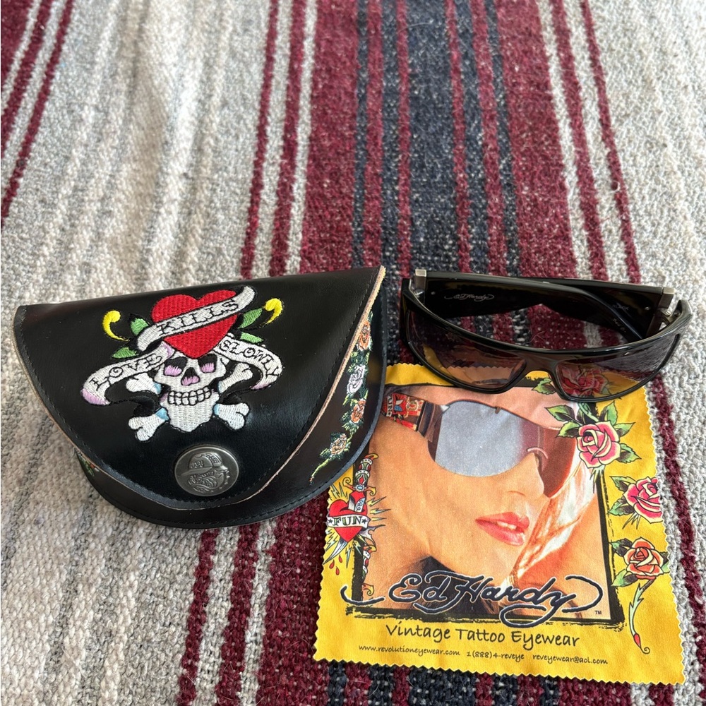 Ed Hardy EHS004 “Beautiful Ghost” Rhinestone Sunglasses–Tattoo Embellished+case
